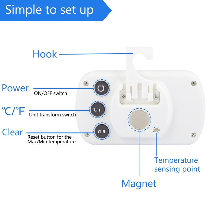 RIY Digital Refrigerator Thermometer 2 Pack Fridge Freezer Room Thermometer Waterproof Large LCD Display Max/Min Record Function, White - Image 3